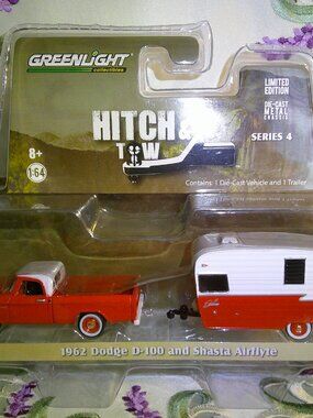 GREENLIGHT 1:64 Hitch & Tow 1962 DODGE D-100 & SHASTA AIRFLYTE SERIES 4 NIP
